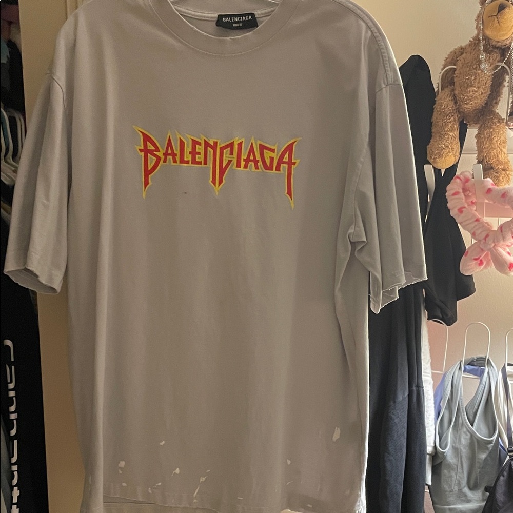 Balenciaga Gray Short-Sleeve Tee with Red and Yellow Logo
